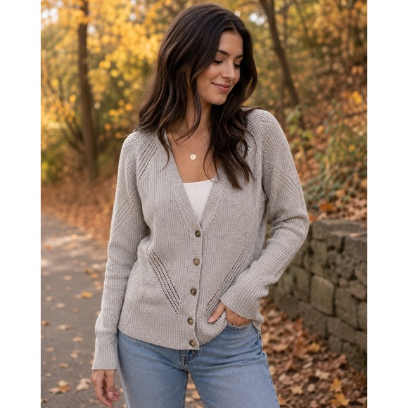 American Eagle Outfitters Sweaters - American Eagle Cardigan Sweater Womens M Tan Marl V-Neck Cable Pointelle Knit